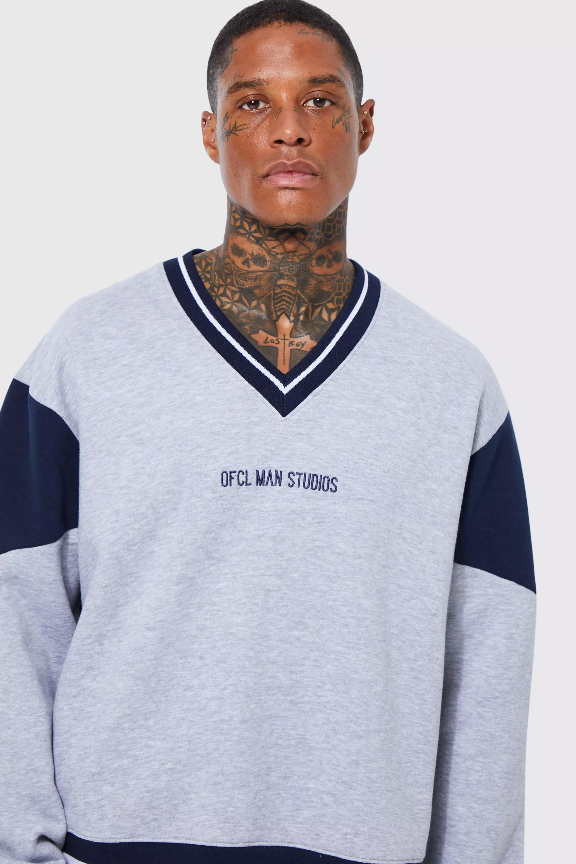 Oversized Boxy V-neck Varsity Sweatshirt